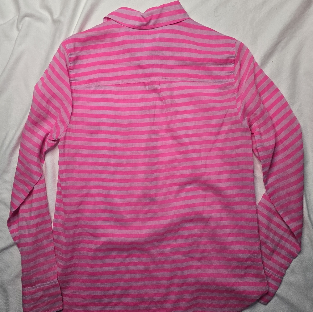 J CREW Hot Pink Stripe Cotton Silk 1/2 Button Popover Shirt sz 2 - Picture 4 of 6